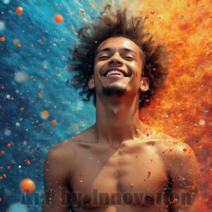 AI-generated abstract art of colorful, happy, handsome male faces covered in vibrant paint. Joy, excitement, and rainbow color in stunning digital art by Jeff Dupler.
