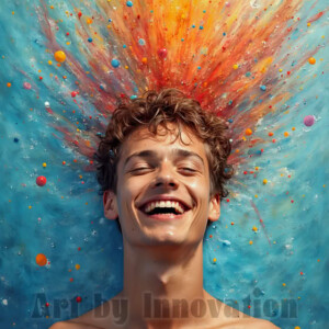 AI-generated abstract art of colorful, happy, handsome male faces covered in vibrant paint. Joy, excitement, and rainbow color in stunning digital art by Jeff Dupler.