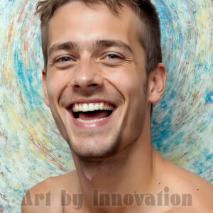 AI-generated abstract art of colorful, happy, handsome male faces covered in vibrant paint. Joy, excitement, and rainbow color in stunning digital art by Jeff Dupler.