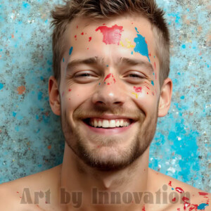 AI-generated abstract art of colorful, happy, handsome male faces covered in vibrant paint. Joy, excitement, and rainbow color in stunning digital art by Jeff Dupler.