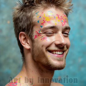 AI-generated abstract art of colorful, happy, handsome male faces covered in vibrant paint. Joy, excitement, and rainbow color in stunning digital art by Jeff Dupler.