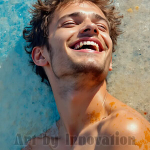 AI-generated abstract art of colorful, happy, handsome male faces covered in vibrant paint. Joy, excitement, and rainbow color in stunning digital art by Jeff Dupler.