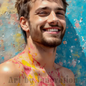 AI-generated abstract art of colorful, happy, handsome male faces covered in vibrant paint. Joy, excitement, and rainbow color in stunning digital art by Jeff Dupler.