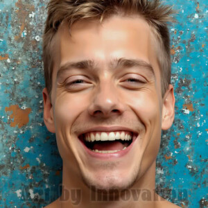 AI-generated abstract art of colorful, happy, handsome male faces covered in vibrant paint. Joy, excitement, and rainbow color in stunning digital art by Jeff Dupler.