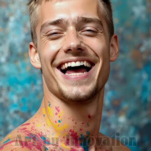 AI-generated abstract art of colorful, happy, handsome male faces covered in vibrant paint. Joy, excitement, and rainbow color in stunning digital art by Jeff Dupler.