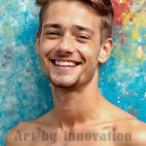 AI-generated abstract art of colorful, happy, handsome male faces covered in vibrant paint. Joy, excitement, and rainbow color in stunning digital art by Jeff Dupler.