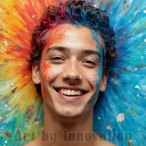 AI-generated abstract art of colorful, happy, handsome male faces covered in vibrant paint. Joy, excitement, and rainbow color in stunning digital art by Jeff Dupler.