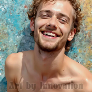 AI-generated abstract art of colorful, happy, handsome male faces covered in vibrant paint. Joy, excitement, and rainbow color in stunning digital art by Jeff Dupler.
