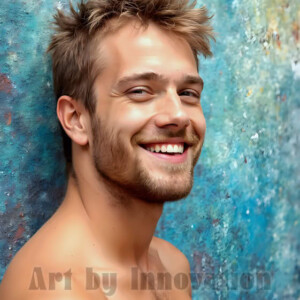 AI-generated abstract art of colorful, happy, handsome male faces covered in vibrant paint. Joy, excitement, and rainbow color in stunning digital art by Jeff Dupler.