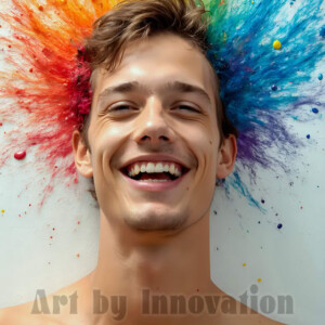 AI-generated abstract art of colorful, happy, handsome male faces covered in vibrant paint. Joy, excitement, and rainbow color in stunning digital art by Jeff Dupler.
