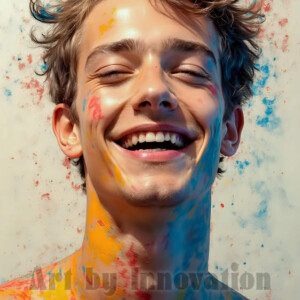 AI-generated abstract art of colorful, happy, handsome male faces covered in vibrant paint. Joy, excitement, and rainbow color in stunning digital art by Jeff Dupler.