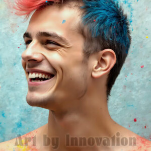 AI-generated abstract art of colorful, happy, handsome male faces covered in vibrant paint. Joy, excitement, and rainbow color in stunning digital art by Jeff Dupler.
