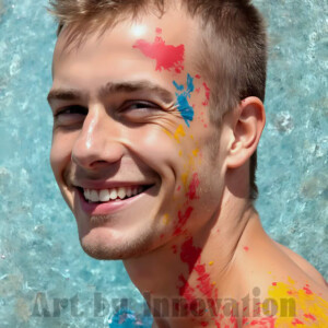 AI-generated abstract art of colorful, happy, handsome male faces covered in vibrant paint. Joy, excitement, and rainbow color in stunning digital art by Jeff Dupler.