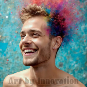 AI-generated abstract art of colorful, happy, handsome male faces covered in vibrant paint. Joy, excitement, and rainbow color in stunning digital art by Jeff Dupler.