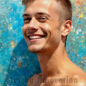 AI-generated abstract art of colorful, happy, handsome male faces covered in vibrant paint. Joy, excitement, and rainbow color in stunning digital art by Jeff Dupler.