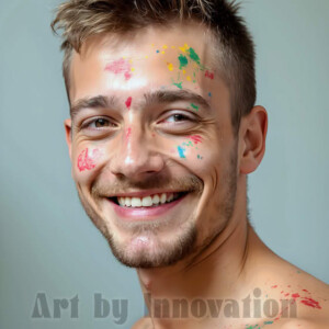 AI-generated abstract art of colorful, happy, handsome male faces covered in vibrant paint. Joy, excitement, and rainbow color in stunning digital art by Jeff Dupler.