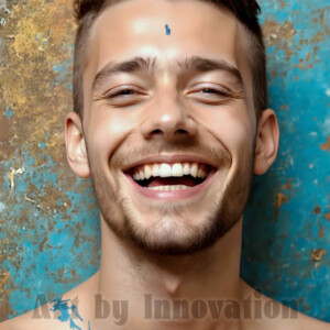 AI-generated abstract art of colorful, happy, handsome male faces covered in vibrant paint. Joy, excitement, and rainbow color in stunning digital art by Jeff Dupler.