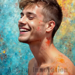 AI-generated abstract art of colorful, happy, handsome male faces covered in vibrant paint. Joy, excitement, and rainbow color in stunning digital art by Jeff Dupler.