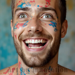 AI-generated abstract art of colorful, happy, handsome male faces covered in vibrant paint. Joy, excitement, and rainbow color in stunning digital art by Jeff Dupler.