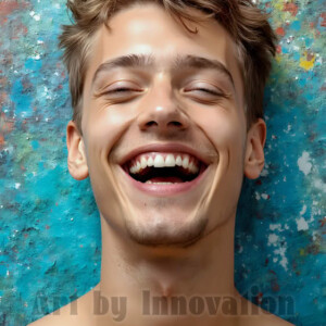 AI-generated abstract art of colorful, happy, handsome male faces covered in vibrant paint. Joy, excitement, and rainbow color in stunning digital art by Jeff Dupler.