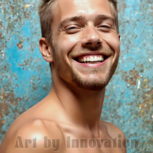 AI-generated abstract art of colorful, happy, handsome male faces covered in vibrant paint. Joy, excitement, and rainbow color in stunning digital art by Jeff Dupler.
