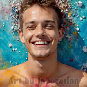 AI-generated abstract art of colorful, happy, handsome male faces covered in vibrant paint. Joy, excitement, and rainbow color in stunning digital art by Jeff Dupler.