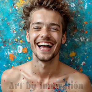 AI-generated abstract art of colorful, happy, handsome male faces covered in vibrant paint. Joy, excitement, and rainbow color in stunning digital art by Jeff Dupler.