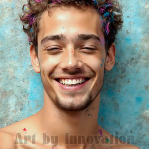 AI-generated abstract art of colorful, happy, handsome male faces covered in vibrant paint. Joy, excitement, and rainbow color in stunning digital art by Jeff Dupler.