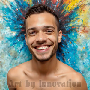 AI-generated abstract art of colorful, happy, handsome male faces covered in vibrant paint. Joy, excitement, and rainbow color in stunning digital art by Jeff Dupler.