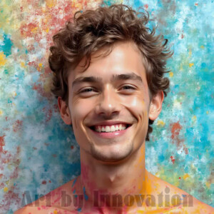 AI-generated abstract art of colorful, happy, handsome male faces covered in vibrant paint. Joy, excitement, and rainbow color in stunning digital art by Jeff Dupler.