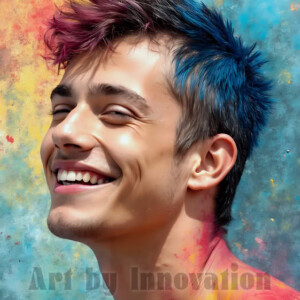 AI-generated abstract art of colorful, happy, handsome male faces covered in vibrant paint. Joy, excitement, and rainbow color in stunning digital art by Jeff Dupler.