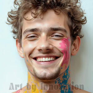 AI-generated abstract art of colorful, happy, handsome male faces covered in vibrant paint. Joy, excitement, and rainbow color in stunning digital art by Jeff Dupler.