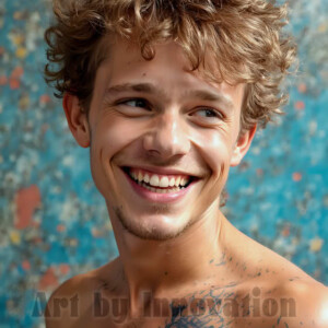 AI-generated abstract art of colorful, happy, handsome male faces covered in vibrant paint. Joy, excitement, and rainbow color in stunning digital art by Jeff Dupler.