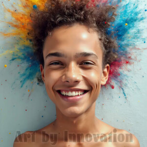 AI-generated abstract art of colorful, happy, handsome male faces covered in vibrant paint. Joy, excitement, and rainbow color in stunning digital art by Jeff Dupler.