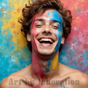 AI-generated abstract art of colorful, happy, handsome male faces covered in vibrant paint. Joy, excitement, and rainbow color in stunning digital art by Jeff Dupler.