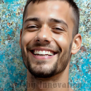 AI-generated abstract art of colorful, happy, handsome male faces covered in vibrant paint. Joy, excitement, and rainbow color in stunning digital art by Jeff Dupler.