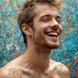 AI-generated abstract art of colorful, happy, handsome male faces covered in vibrant paint. Joy, excitement, and rainbow color in stunning digital art by Jeff Dupler.