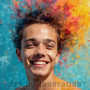 AI-generated abstract art of colorful, happy, handsome male faces covered in vibrant paint. Joy, excitement, and rainbow color in stunning digital art by Jeff Dupler.