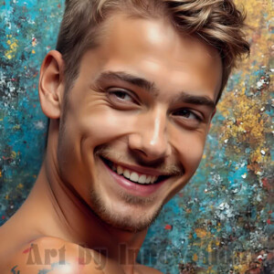 AI-generated abstract art of colorful, happy, handsome male faces covered in vibrant paint. Joy, excitement, and rainbow color in stunning digital art by Jeff Dupler.