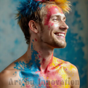 AI-generated abstract art of colorful, happy, handsome male faces covered in vibrant paint. Joy, excitement, and rainbow color in stunning digital art by Jeff Dupler.