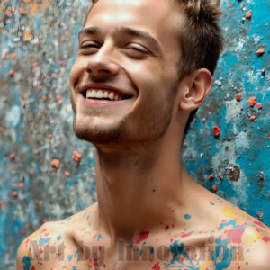 AI-generated abstract art of colorful, happy, handsome male faces covered in vibrant paint. Joy, excitement, and rainbow color in stunning digital art by Jeff Dupler.