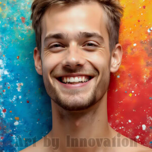 AI-generated abstract art of colorful, happy, handsome male faces covered in vibrant paint. Joy, excitement, and rainbow color in stunning digital art by Jeff Dupler.