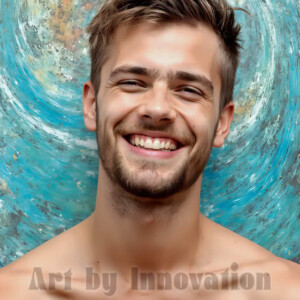 AI-generated abstract art of colorful, happy, handsome male faces covered in vibrant paint. Joy, excitement, and rainbow color in stunning digital art by Jeff Dupler.