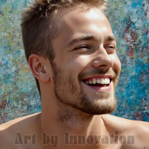AI-generated abstract art of colorful, happy, handsome male faces covered in vibrant paint. Joy, excitement, and rainbow color in stunning digital art by Jeff Dupler.