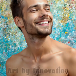 AI-generated abstract art of colorful, happy, handsome male faces covered in vibrant paint. Joy, excitement, and rainbow color in stunning digital art by Jeff Dupler.