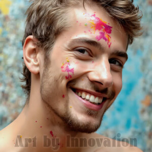 AI-generated abstract art of colorful, happy, handsome male faces covered in vibrant paint. Joy, excitement, and rainbow color in stunning digital art by Jeff Dupler.