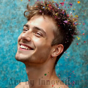 AI-generated abstract art of colorful, happy, handsome male faces covered in vibrant paint. Joy, excitement, and rainbow color in stunning digital art by Jeff Dupler.