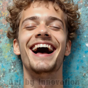 AI-generated abstract art of colorful, happy, handsome male faces covered in vibrant paint. Joy, excitement, and rainbow color in stunning digital art by Jeff Dupler.
