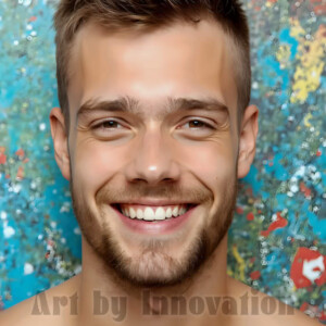 AI-generated abstract art of colorful, happy, handsome male faces covered in vibrant paint. Joy, excitement, and rainbow color in stunning digital art by Jeff Dupler.