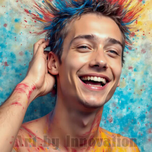 AI-generated abstract art of colorful, happy, handsome male faces covered in vibrant paint. Joy, excitement, and rainbow color in stunning digital art by Jeff Dupler.